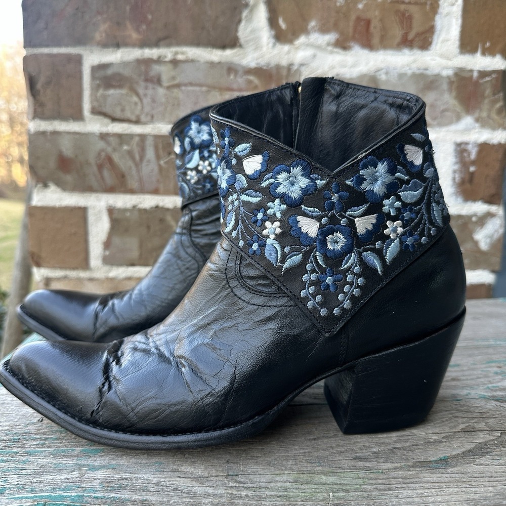 Women's Black Leather Ankle Boots with Blue Floral Embroidery